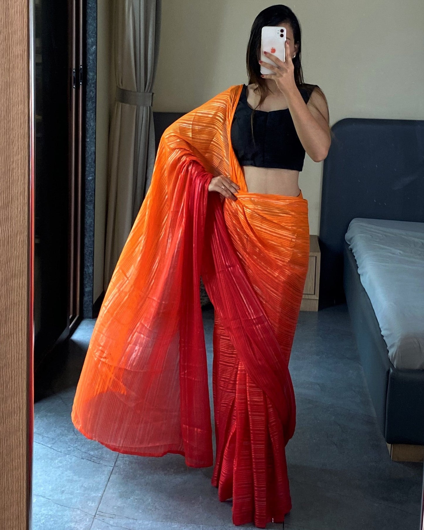 1-Min Ready to Wear Saree in Premium Orange Chiffon