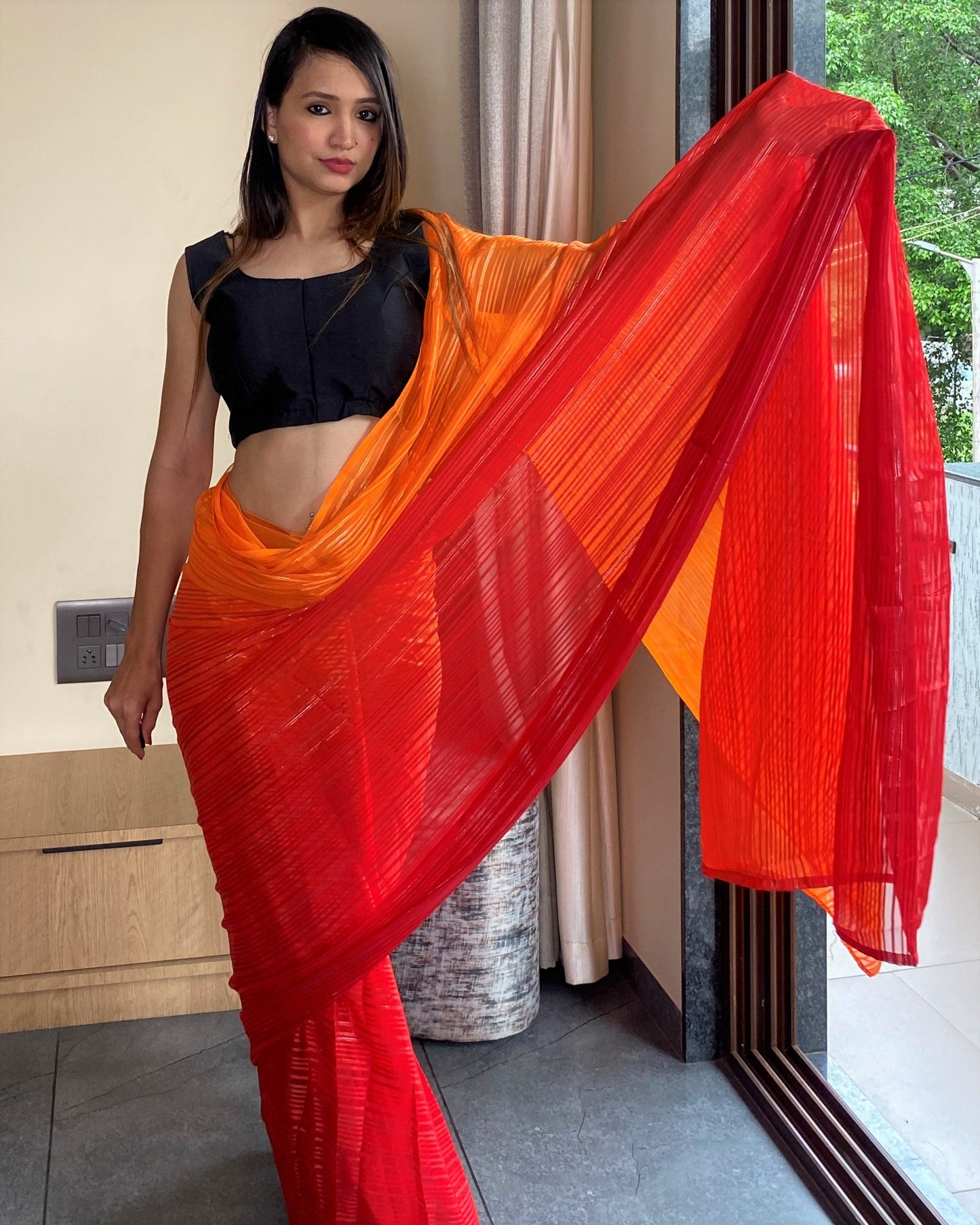 1-Min Ready to Wear Saree in Premium Orange Chiffon