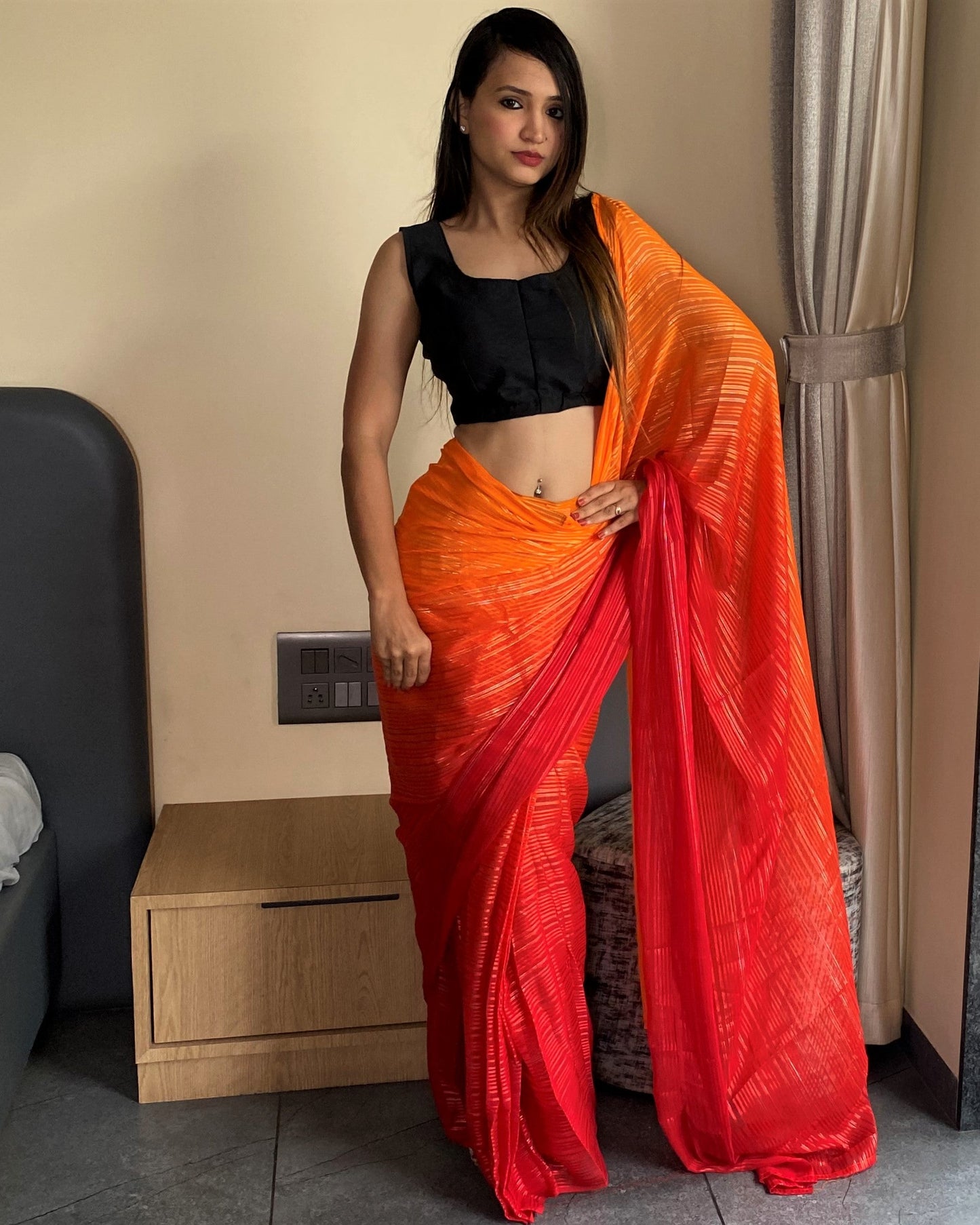 1-Min Ready to Wear Saree in Premium Orange Chiffon