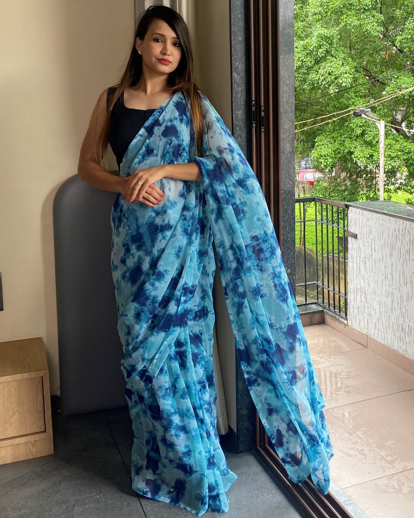 1-Min Ready to Wear Saree In Premium Georgette in Sky Blue