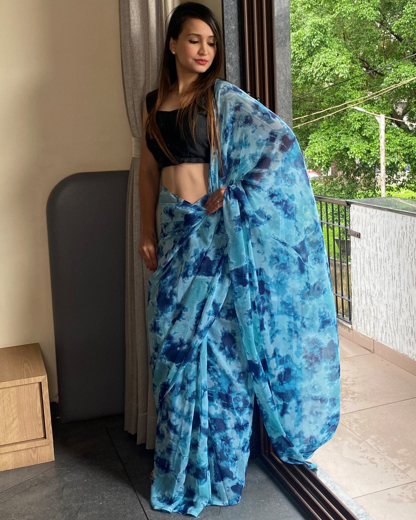 1-Min Ready to Wear Saree In Premium Georgette in Sky Blue