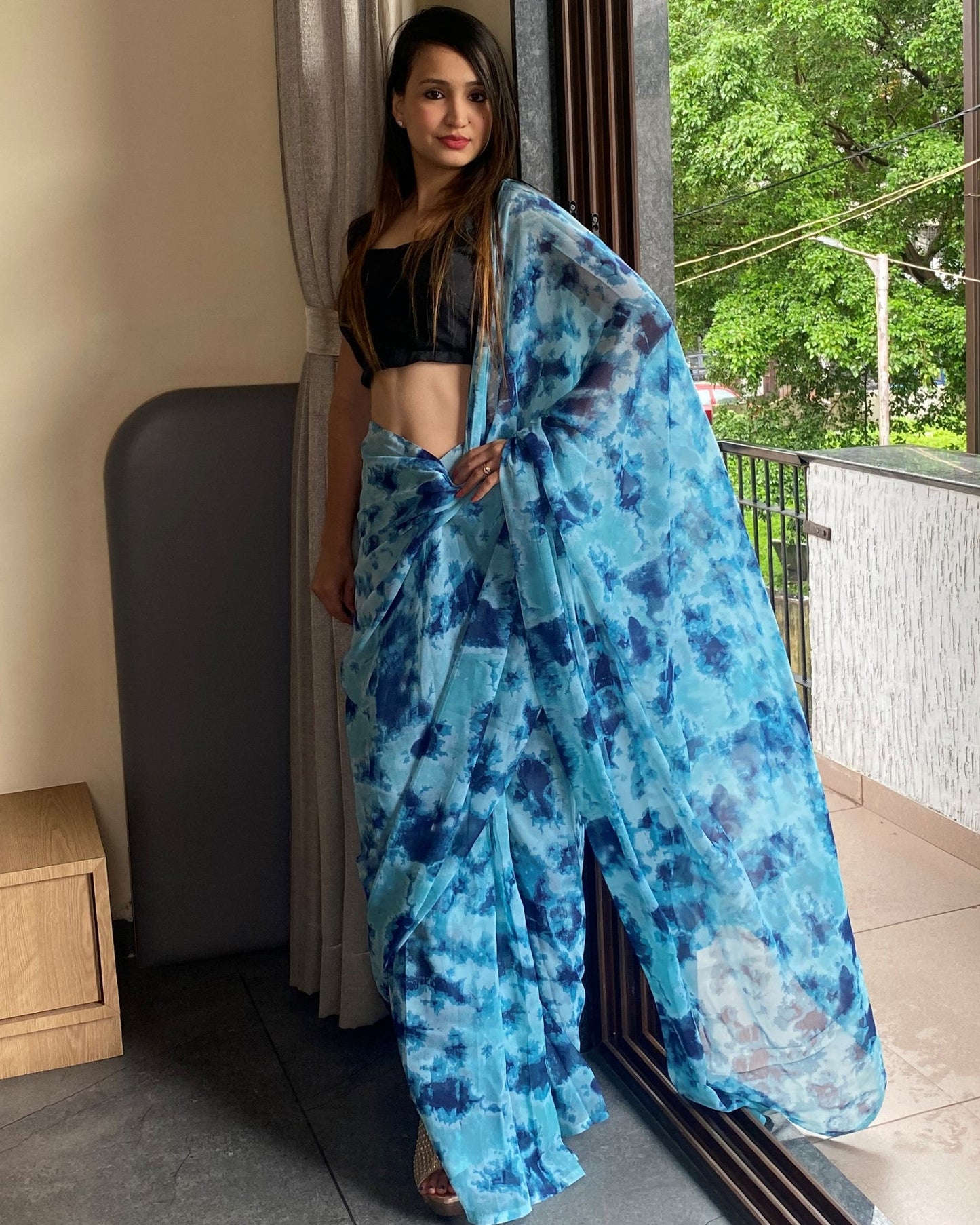 1-Min Ready to Wear Saree In Premium Georgette in Sky Blue