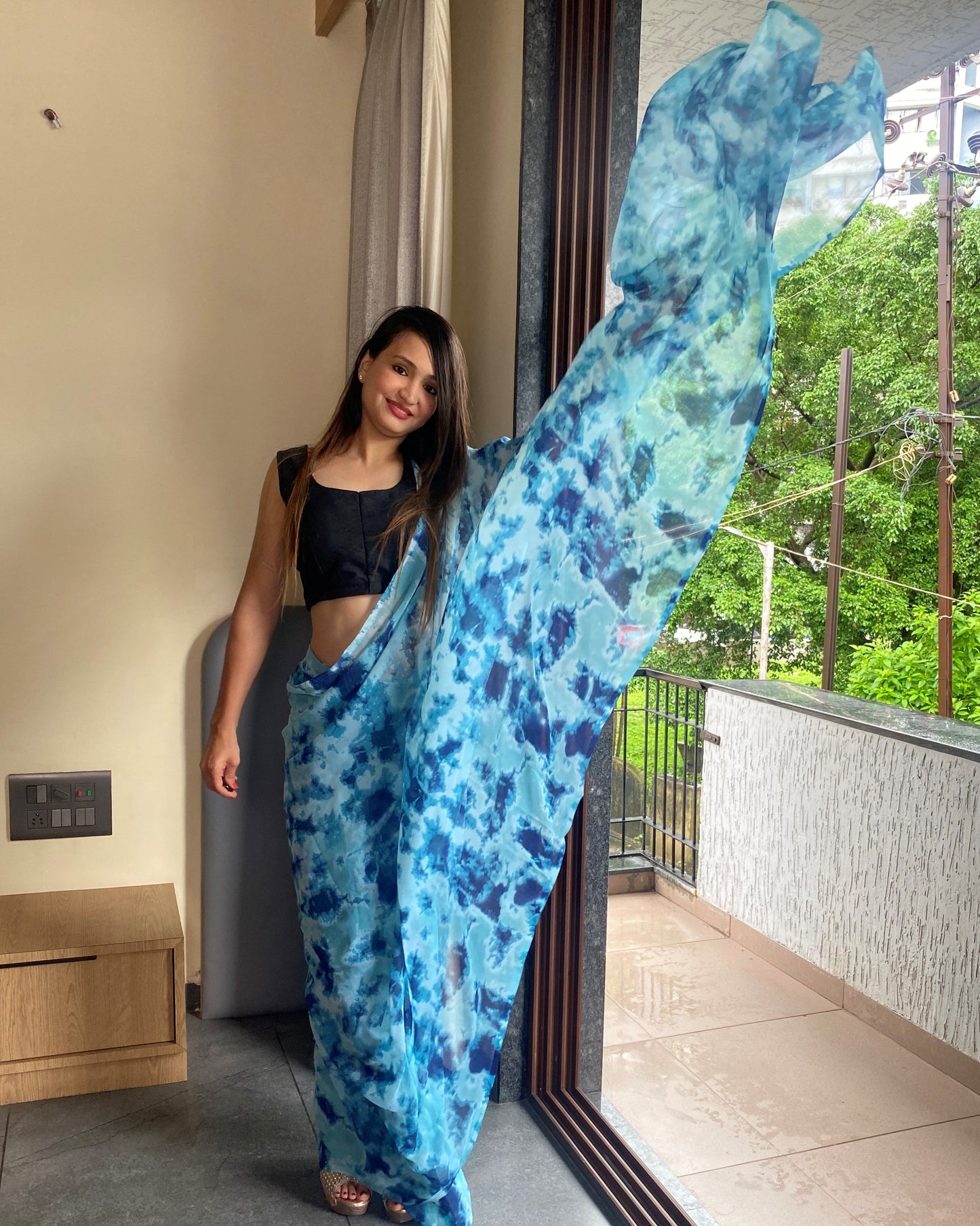 1-Min Ready to Wear Saree In Premium Georgette in Sky Blue