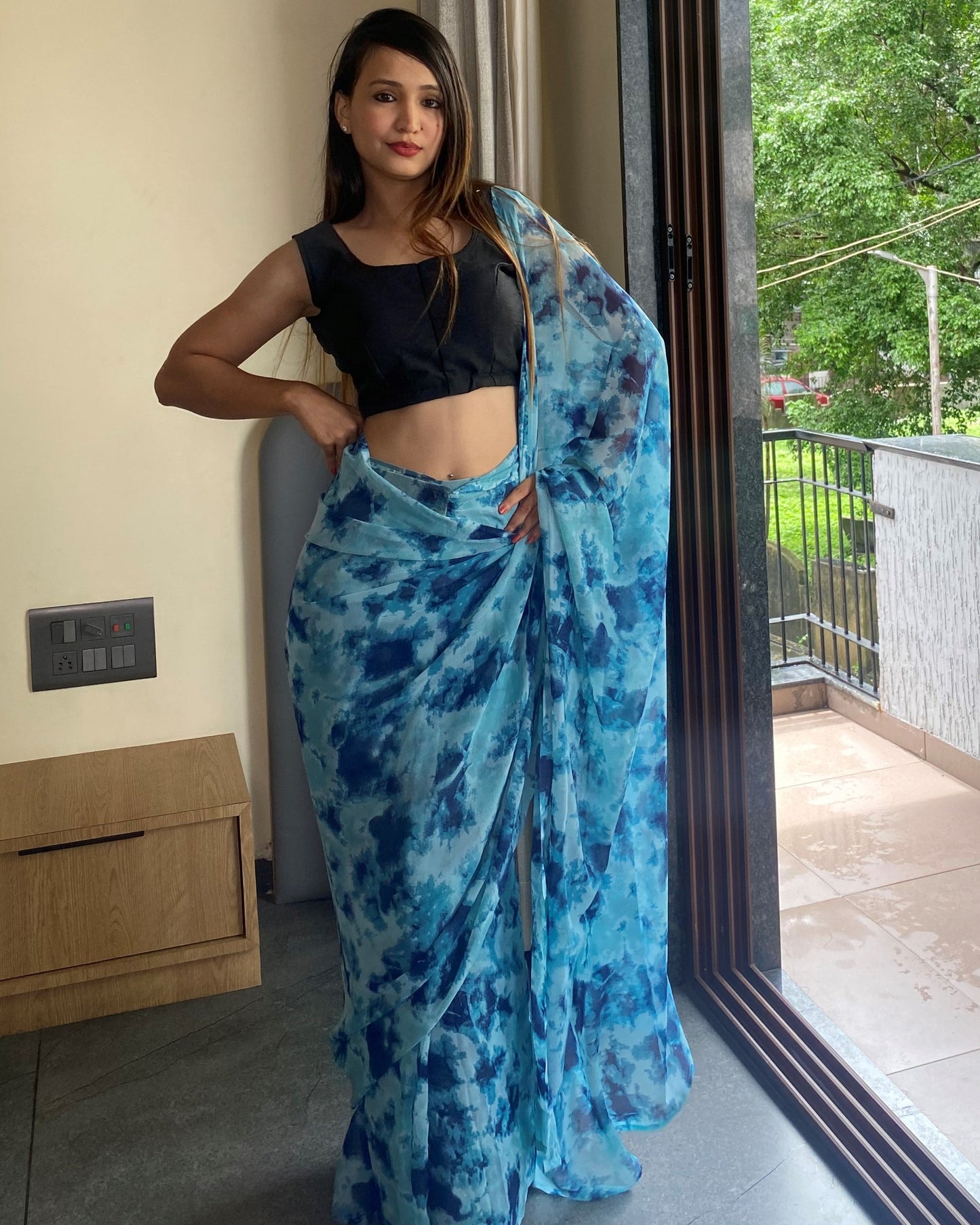 1-Min Ready to Wear Saree In Premium Georgette in Sky Blue
