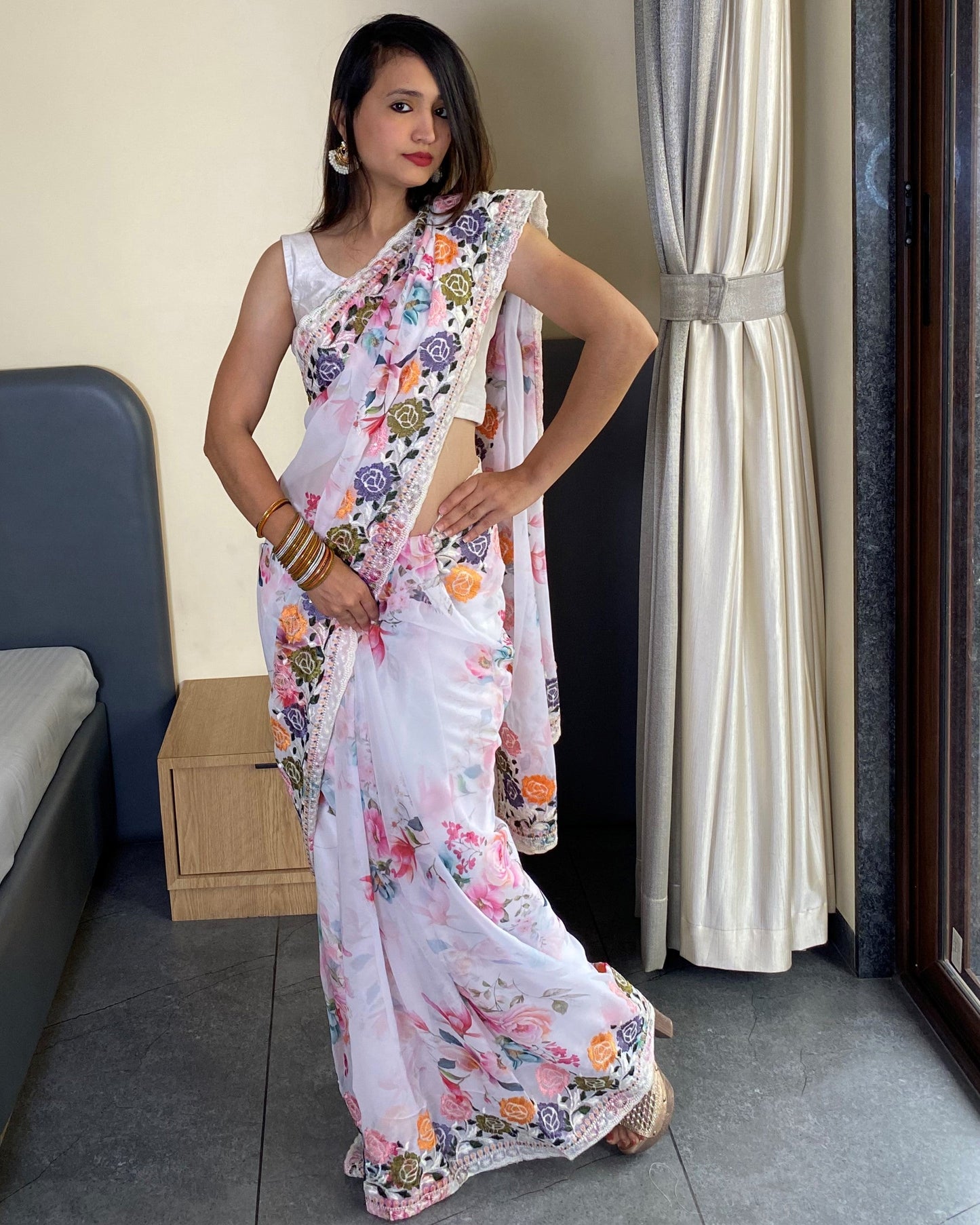 Traditional Bollywood Wear White Georgette Saree