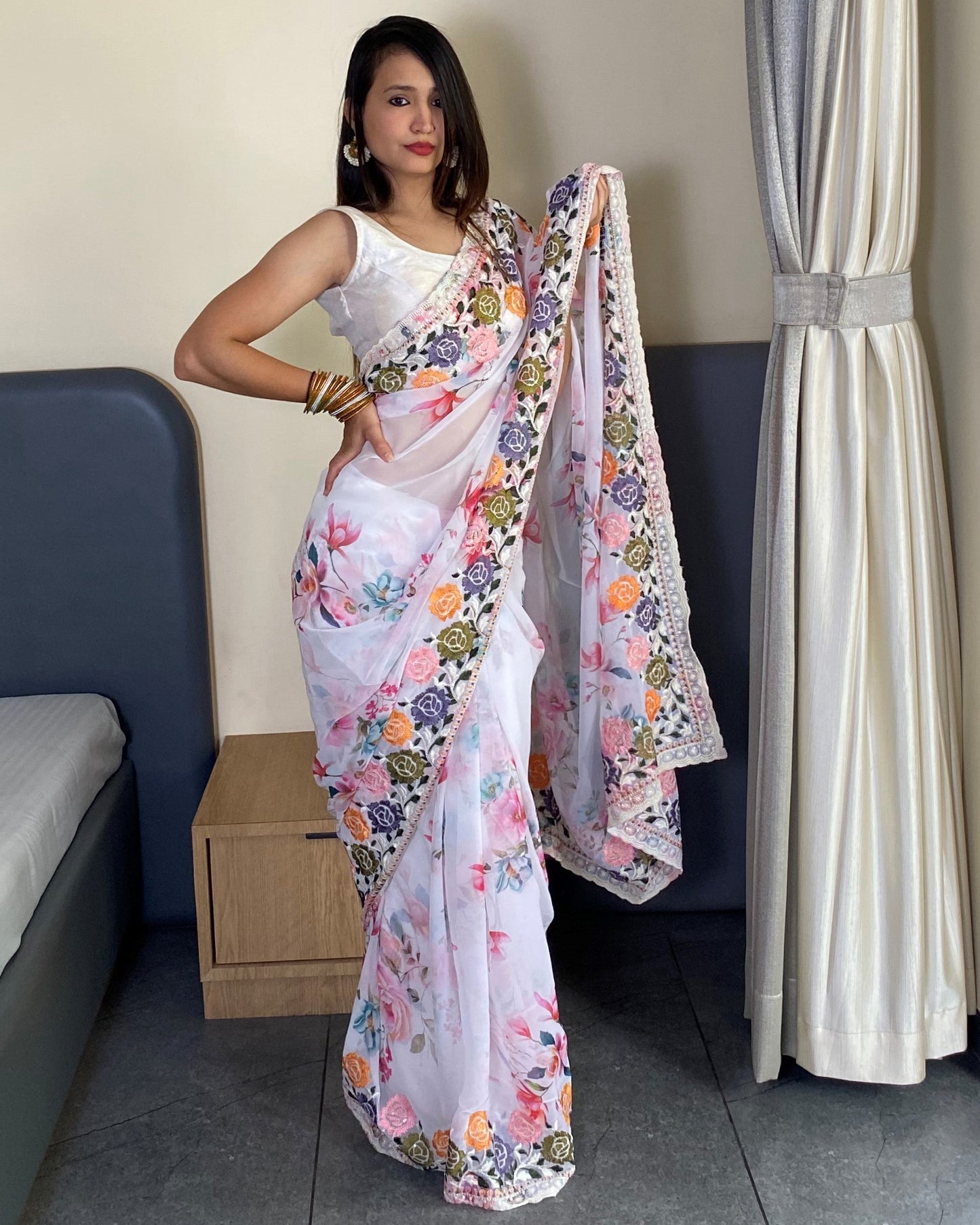 Traditional Bollywood Wear White Georgette Saree