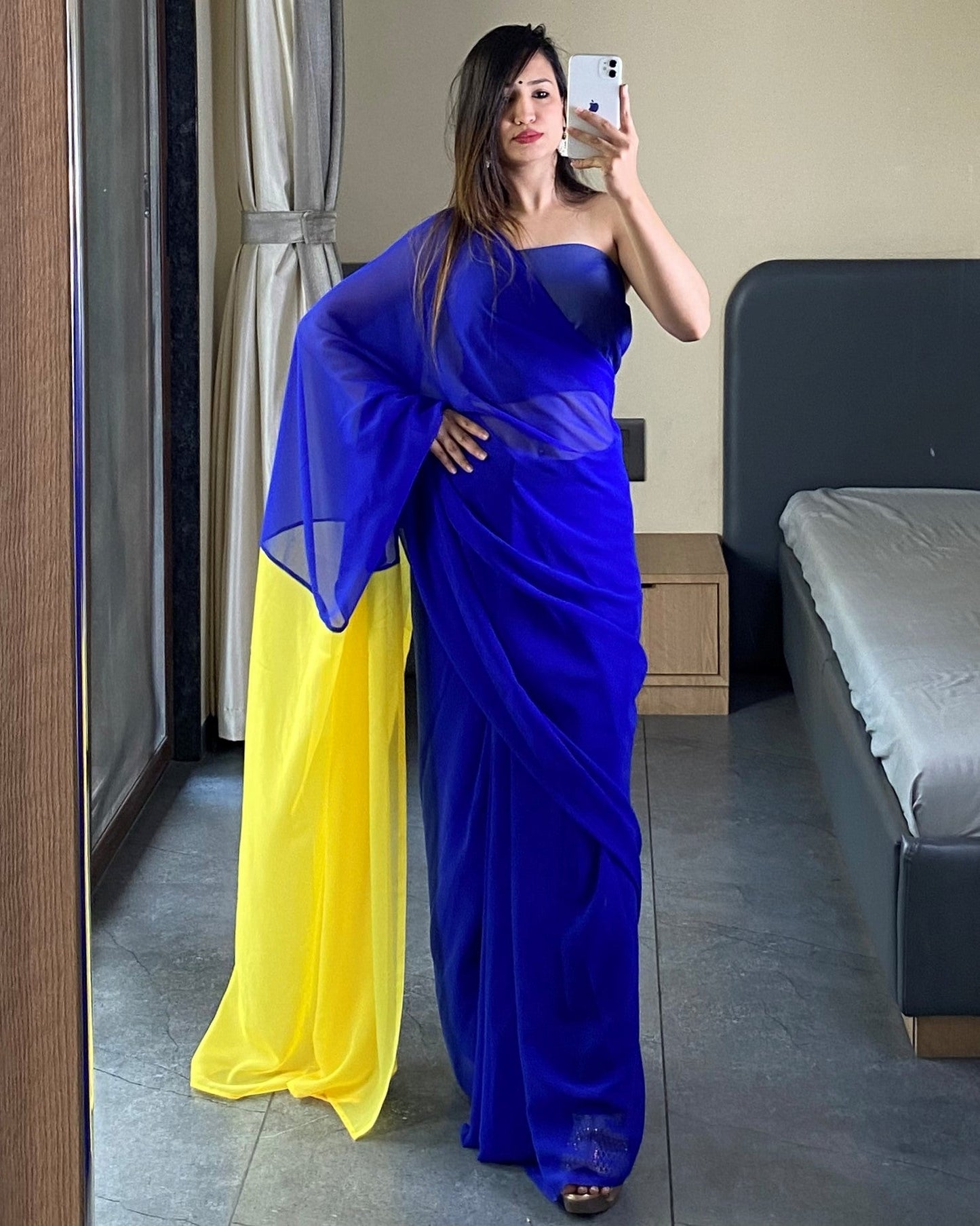 Alia Bhatt Bollywood Style Blue And Yellow 1 Minutes Ready to Wear Saree