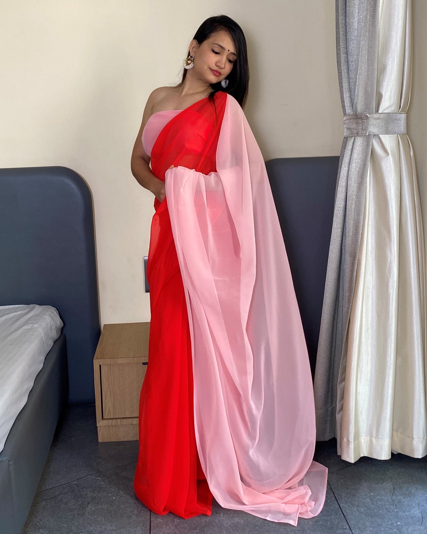 Alia Bhatt Red And Baby Pink Printed Ready to Wear Bollywood Saree