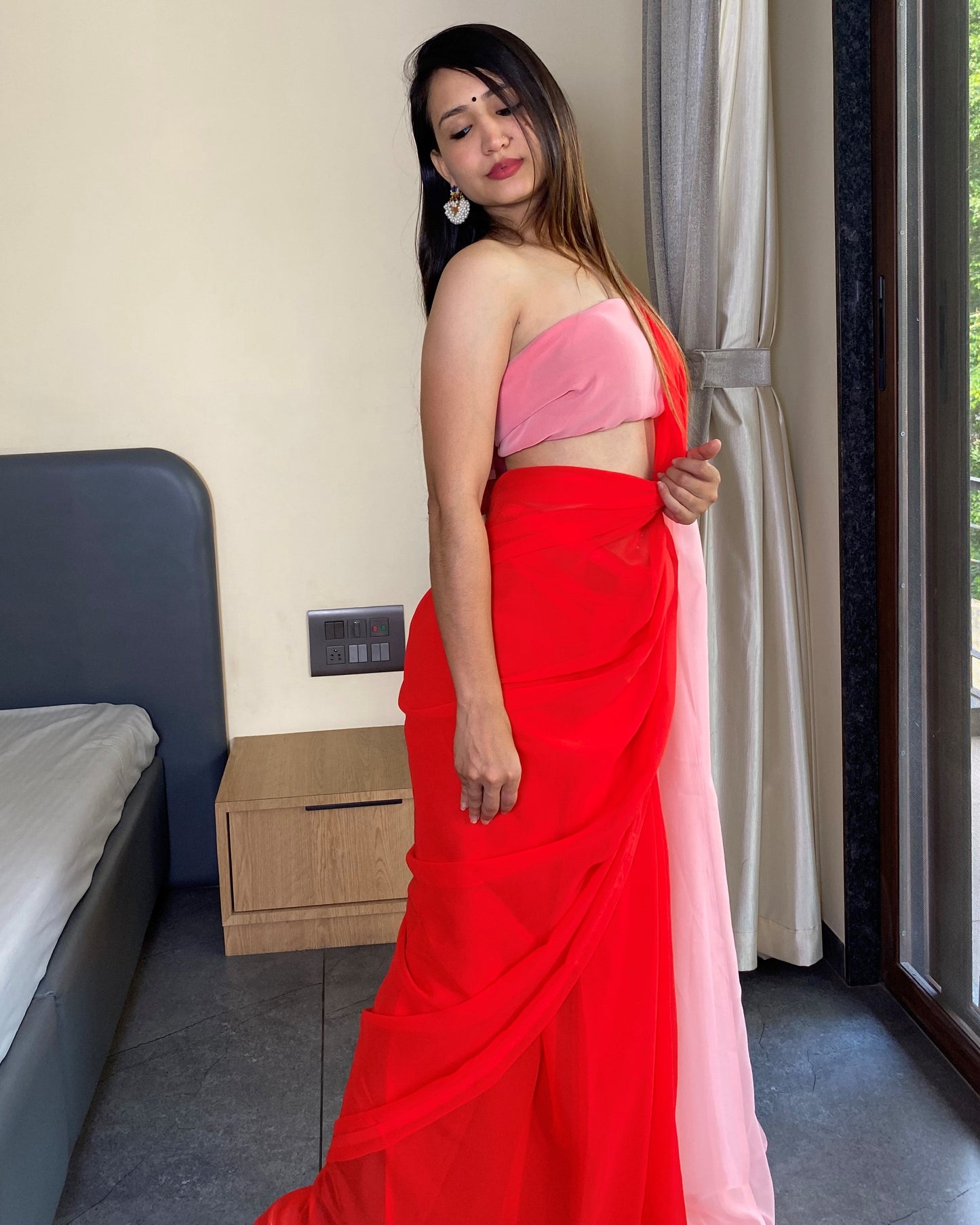 Alia Bhatt Red And Baby Pink Printed Ready to Wear Bollywood Saree