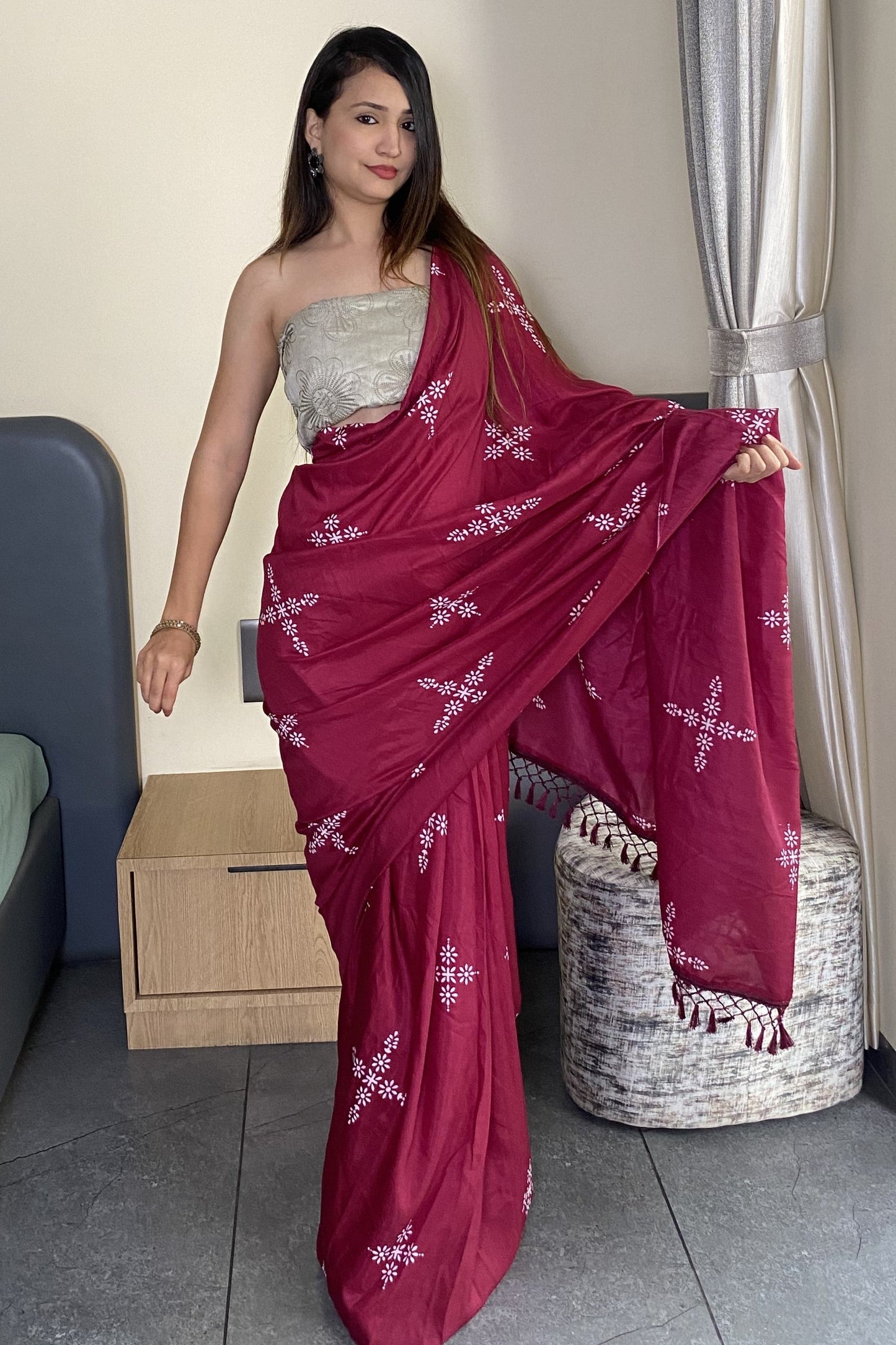 Adorable Wine Color Latest Cotton Saree