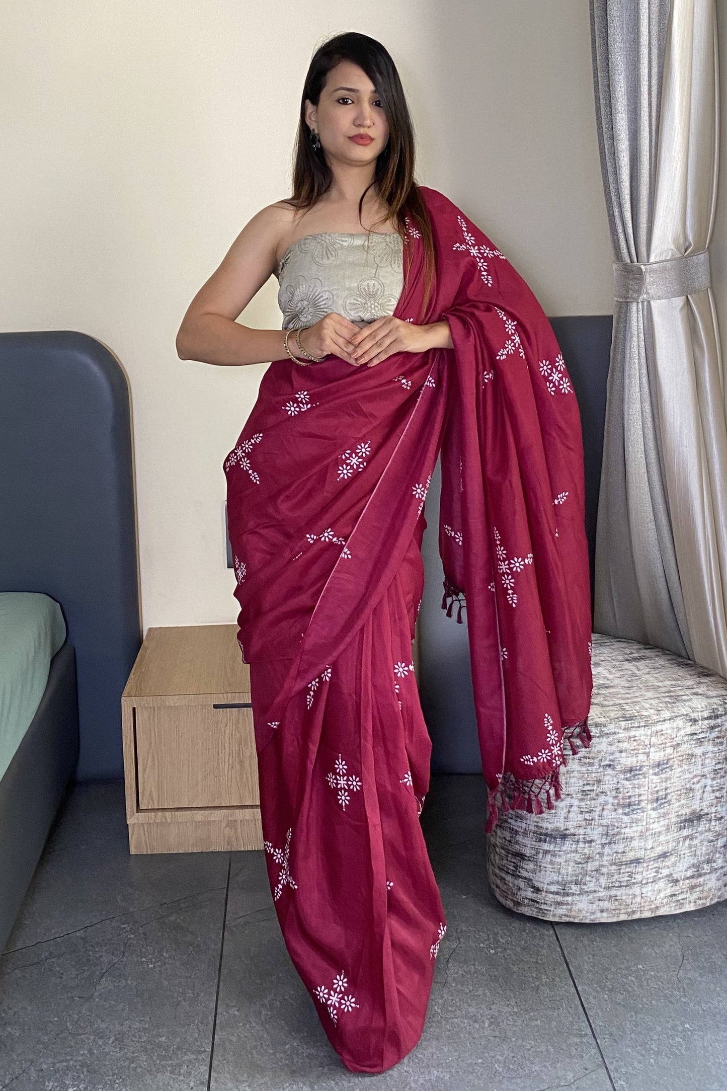 Adorable Wine Color Latest Cotton Saree