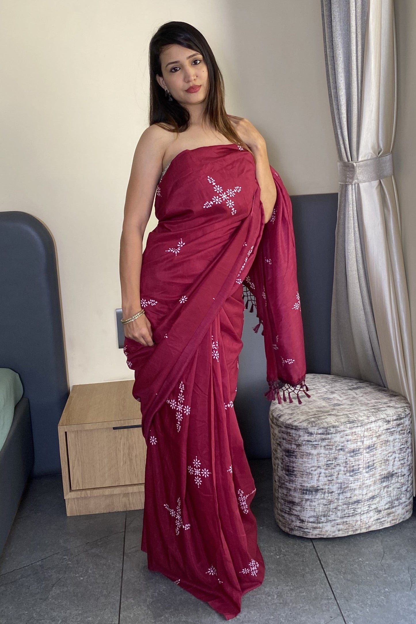 Adorable Wine Color Latest Cotton Saree