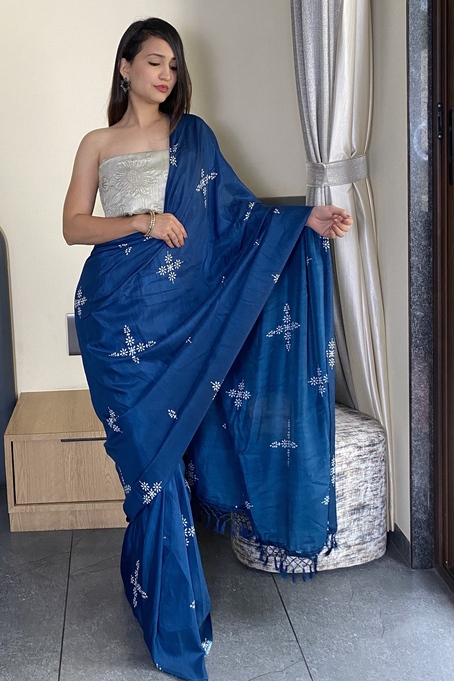 Adorable Blue Color Latest Cotton Saree