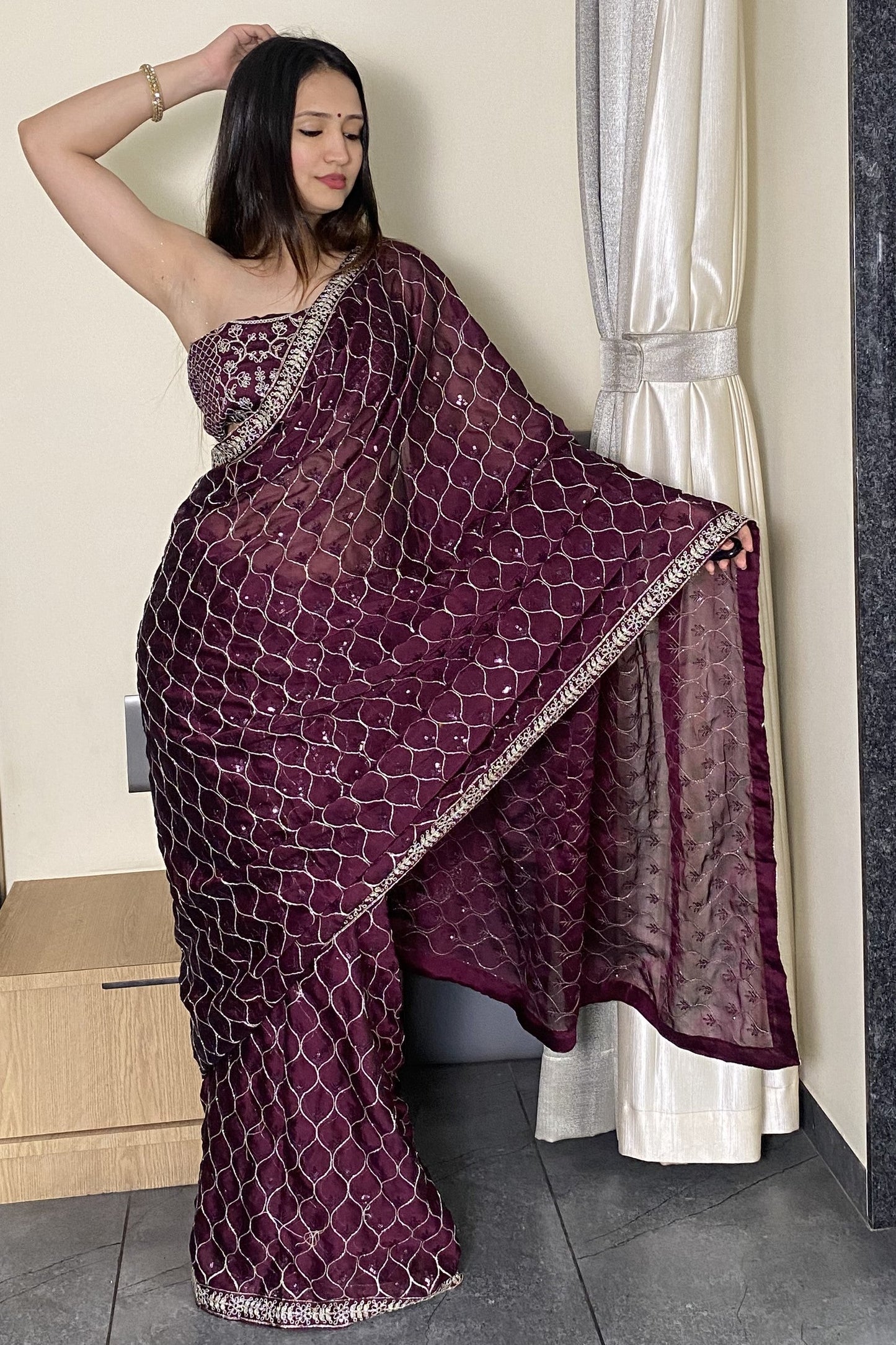 Wine Elegance Trending Party Wear Saree