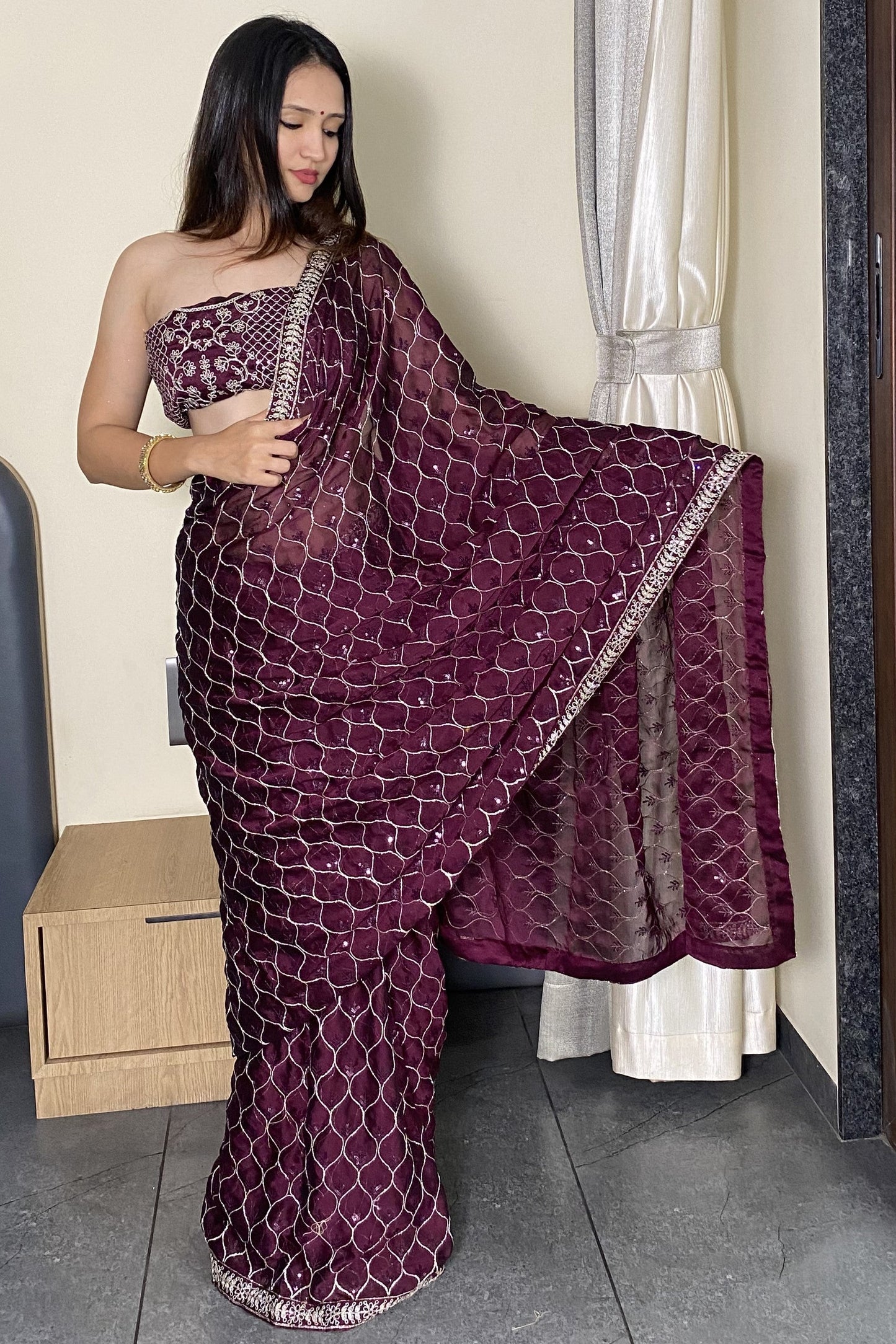 Wine Elegance Trending Party Wear Saree