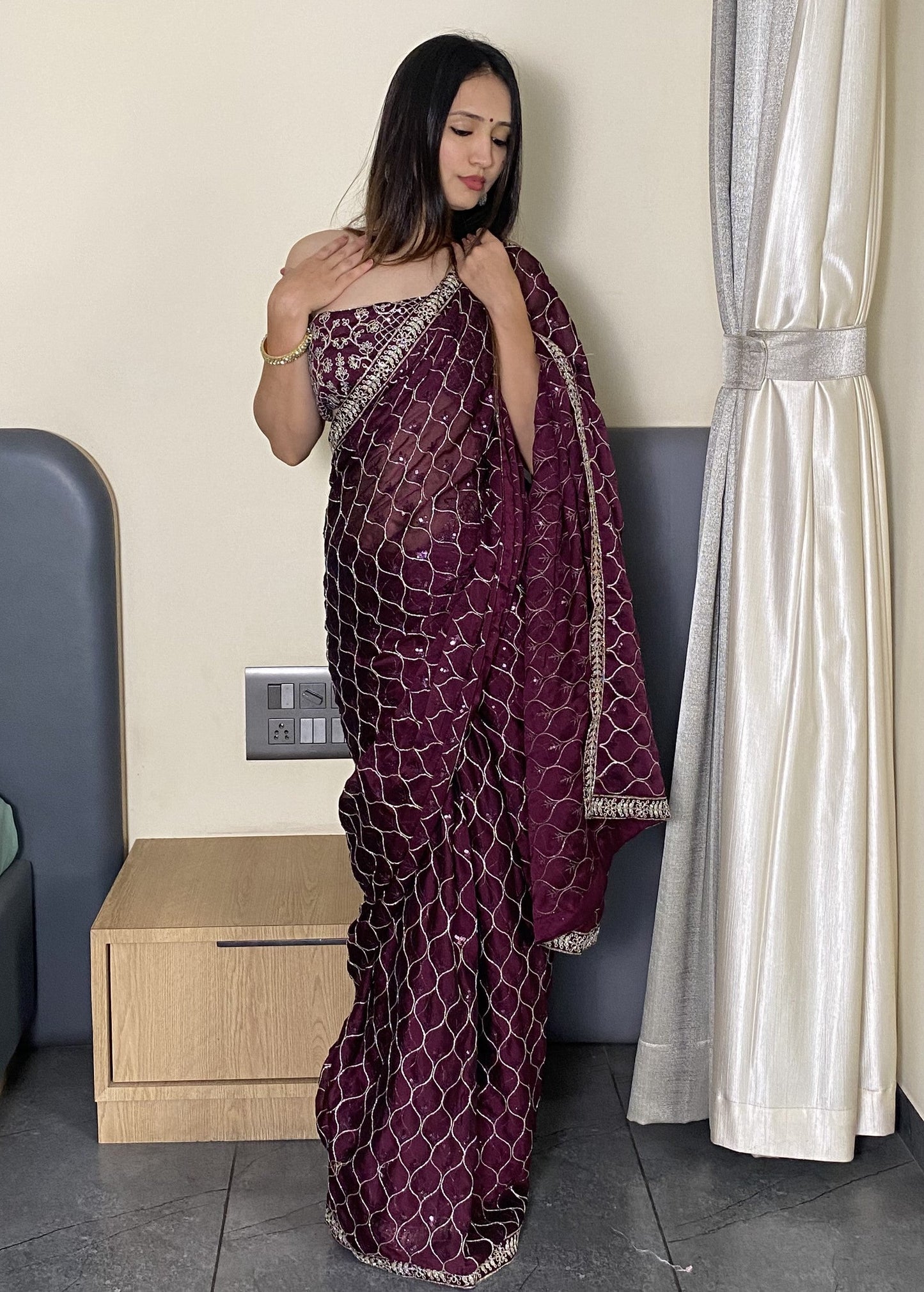 Wine Elegance Trending Party Wear Saree