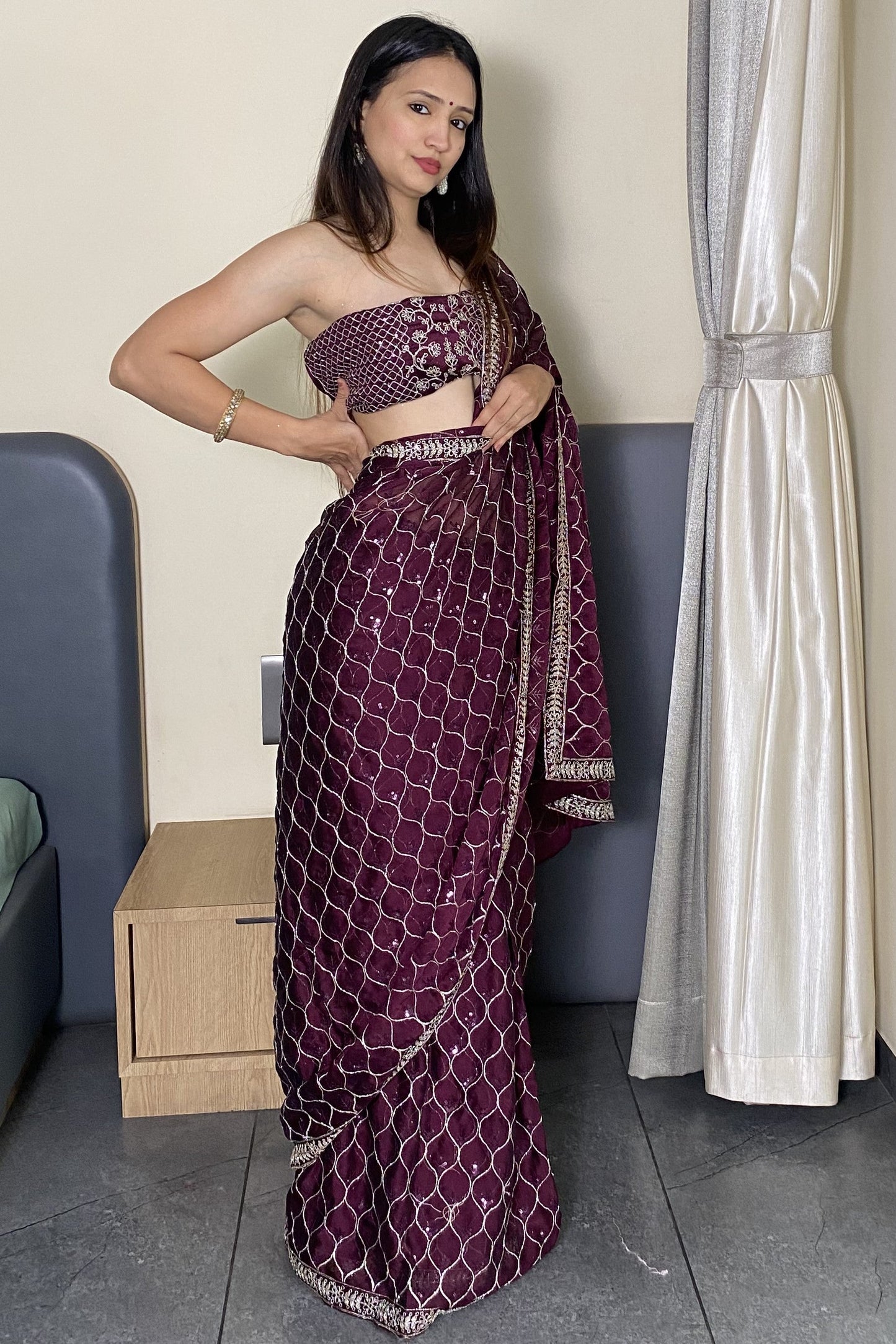 Wine Elegance Trending Party Wear Saree