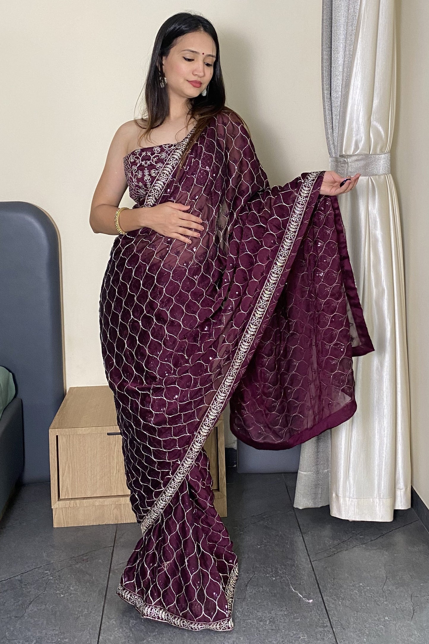 Wine Elegance Trending Party Wear Saree