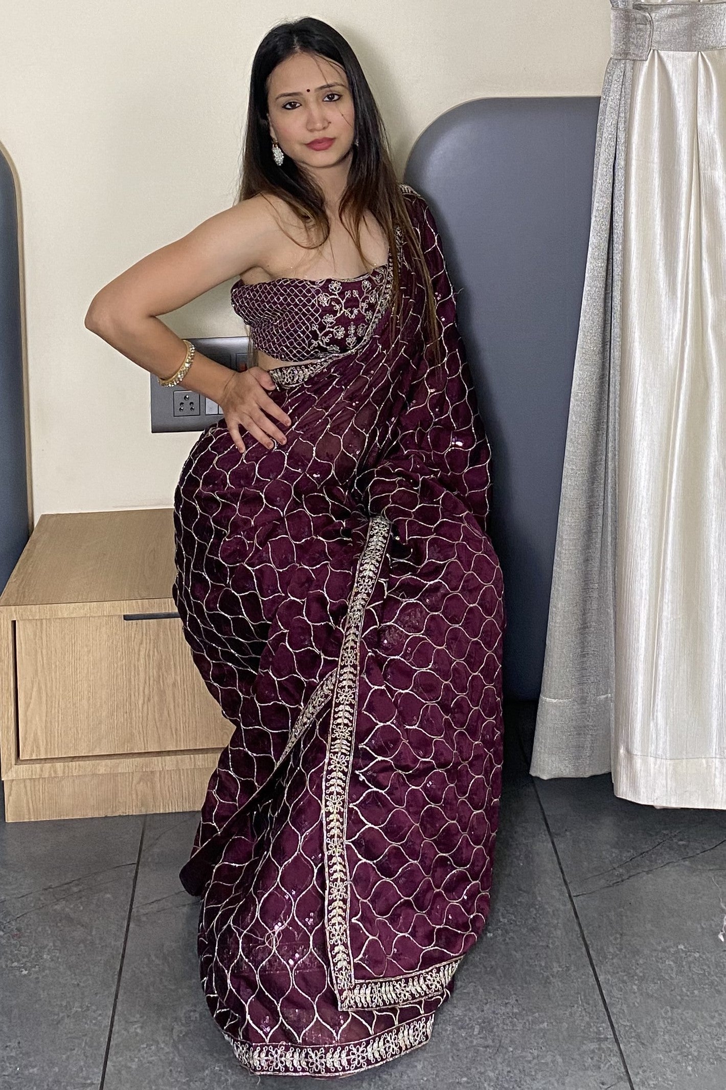 Wine Elegance Trending Party Wear Saree