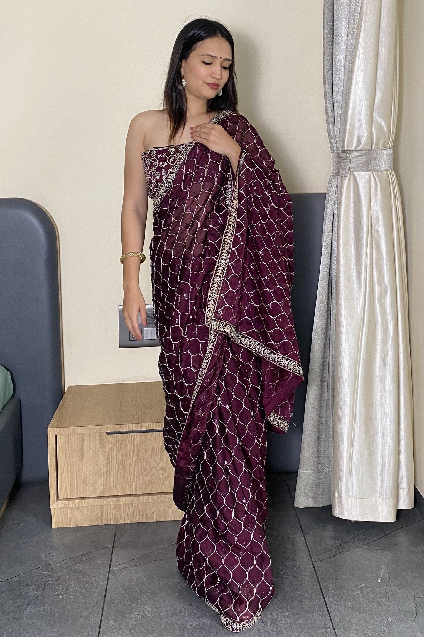 Wine Elegance Trending Party Wear Saree