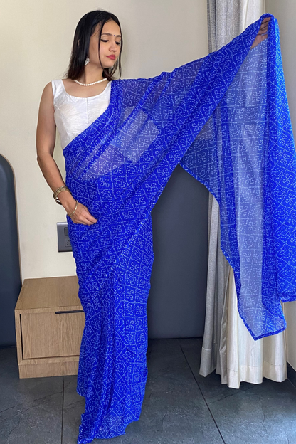 1 Min Ready to Wear Beautiful Bandhani Print Blue Saree