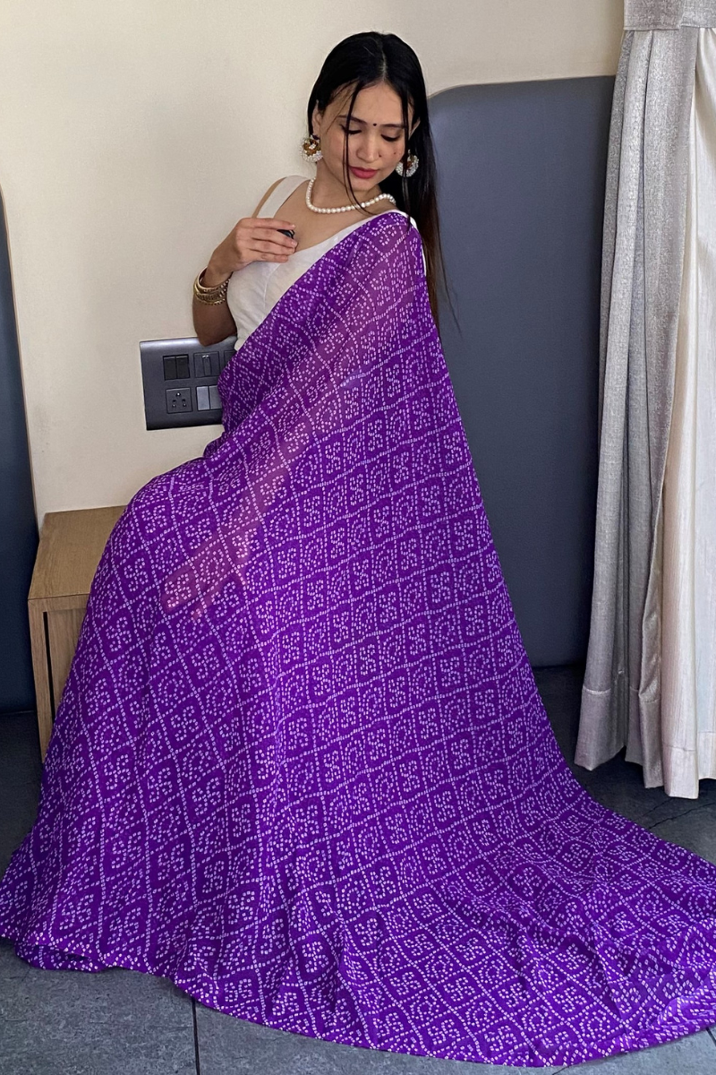 1 Min Ready to Wear Beautiful Bandhani Print Purple Saree