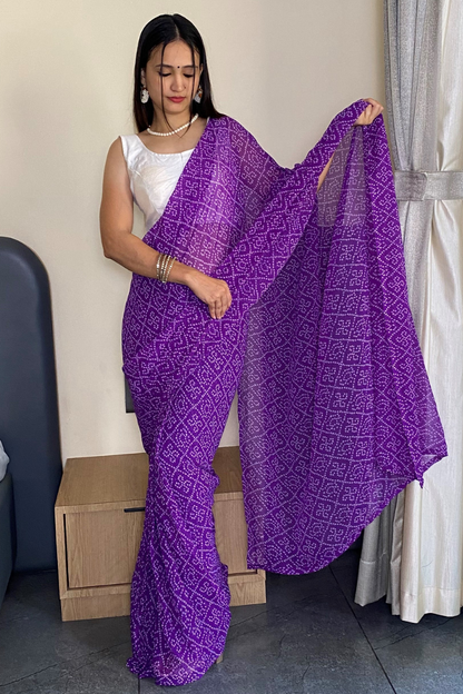 1 Min Ready to Wear Beautiful Bandhani Print Purple Saree