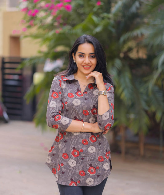 Grey Handblock Cotton Short Top with Red Blossom