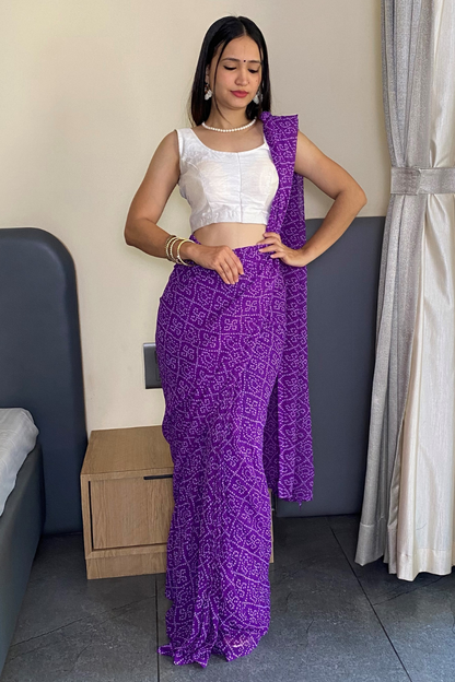1 Min Ready to Wear Beautiful Bandhani Print Purple Saree