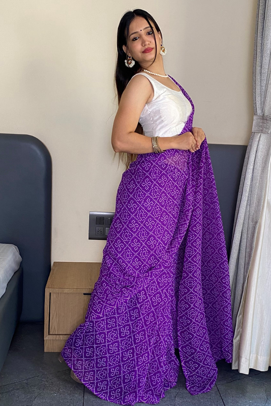 1 Min Ready to Wear Beautiful Bandhani Print Purple Saree