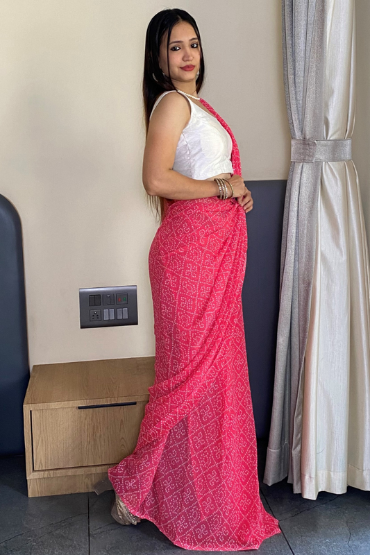 1 Min Ready to Wear Beautiful Bandhani Print Pink Saree