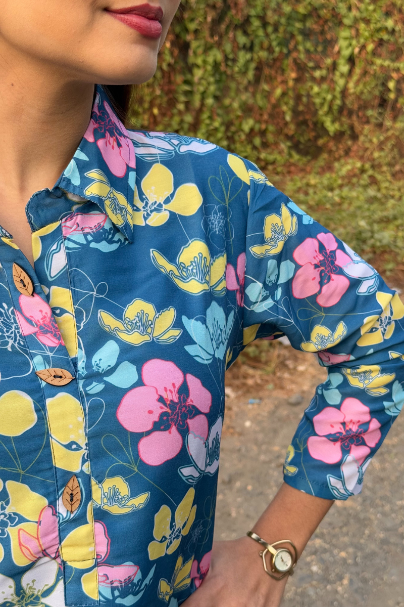 Blue With Floral Print Kurti