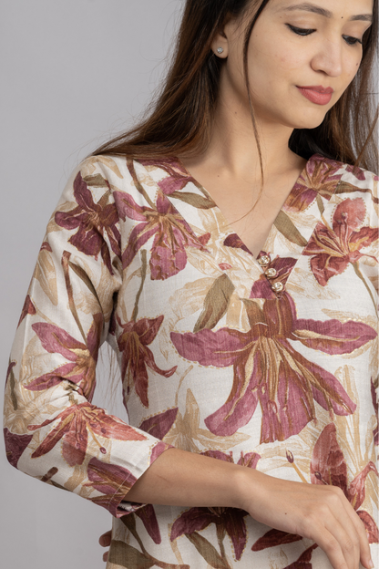 VERTICAN CREAM & PINK PRINT WITH FOIL KURTI