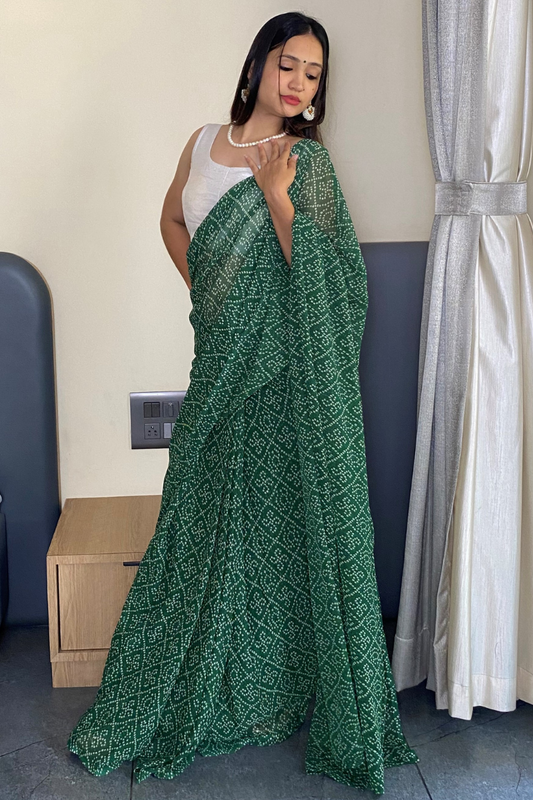 1 Min Ready to Wear Beautiful Bandhani Print Green Saree