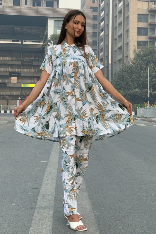 Women's Cotton Printed Shirt Style Co-ords Set