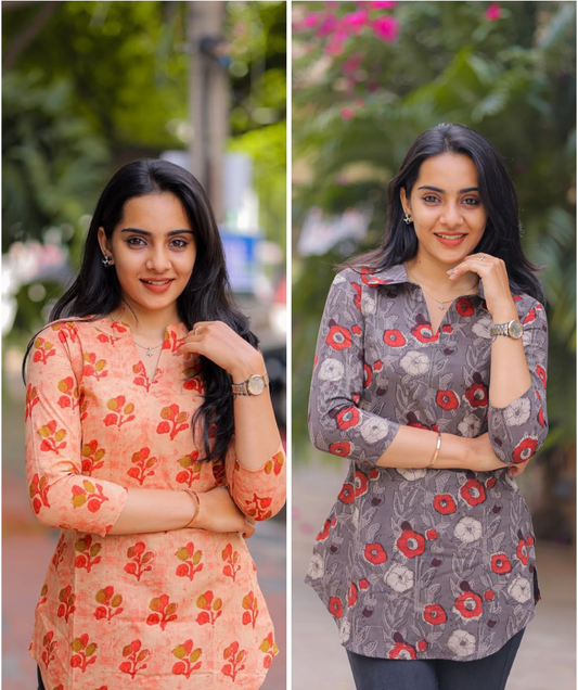 Grey and Mandarin Orange Handblock Cotton Short Top with Blossom pack of 2