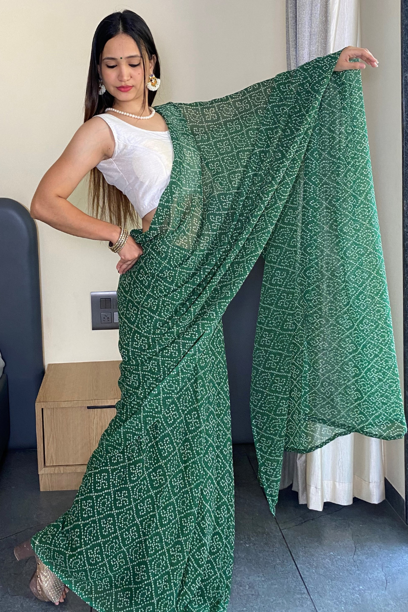 1 Min Ready to Wear Beautiful Bandhani Print Green Saree