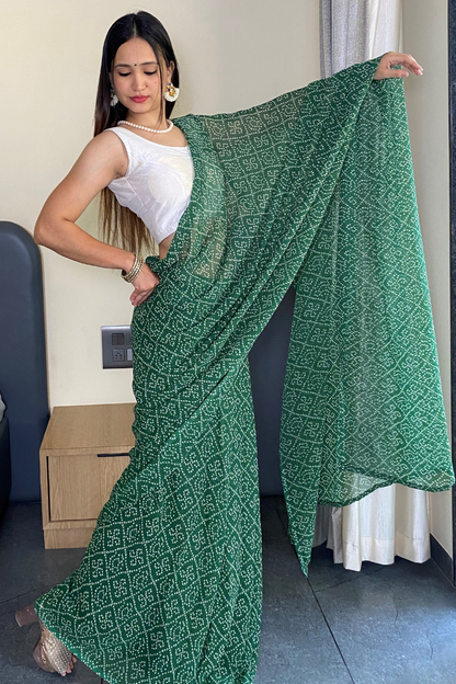1 Min Ready to Wear Beautiful Bandhani Print Green Saree