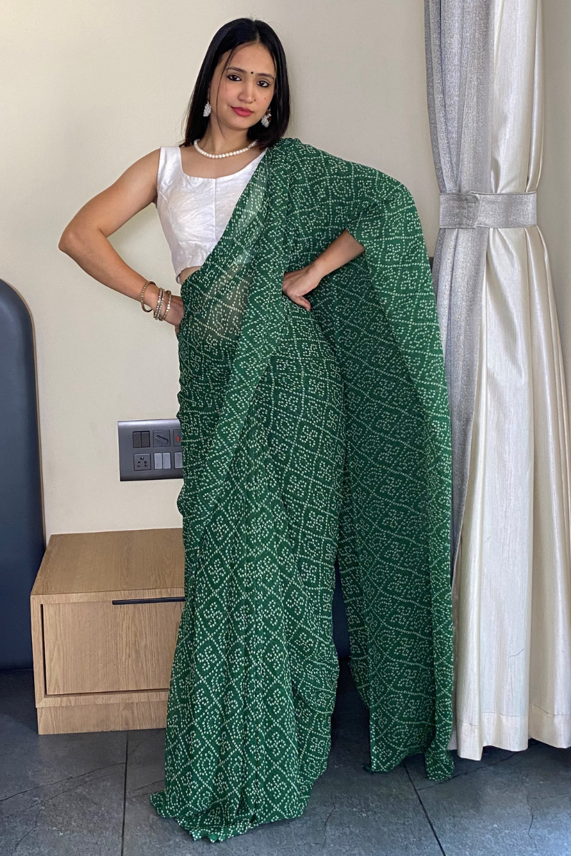 1 Min Ready to Wear Beautiful Bandhani Print Green Saree