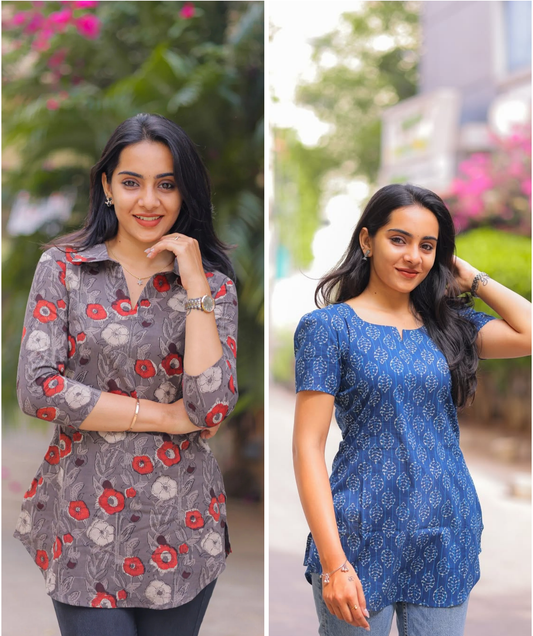 Grey and Azure Blue Handblock Cotton Short Top with Blossom pack of 2