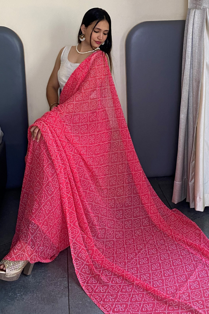 1 Min Ready to Wear Beautiful Bandhani Print Pink Saree