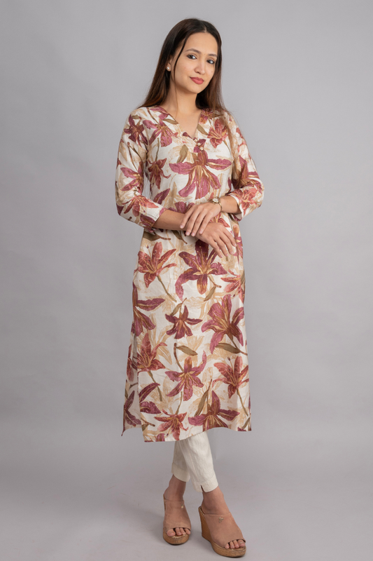 VERTICAN CREAM & PINK PRINT WITH FOIL KURTI