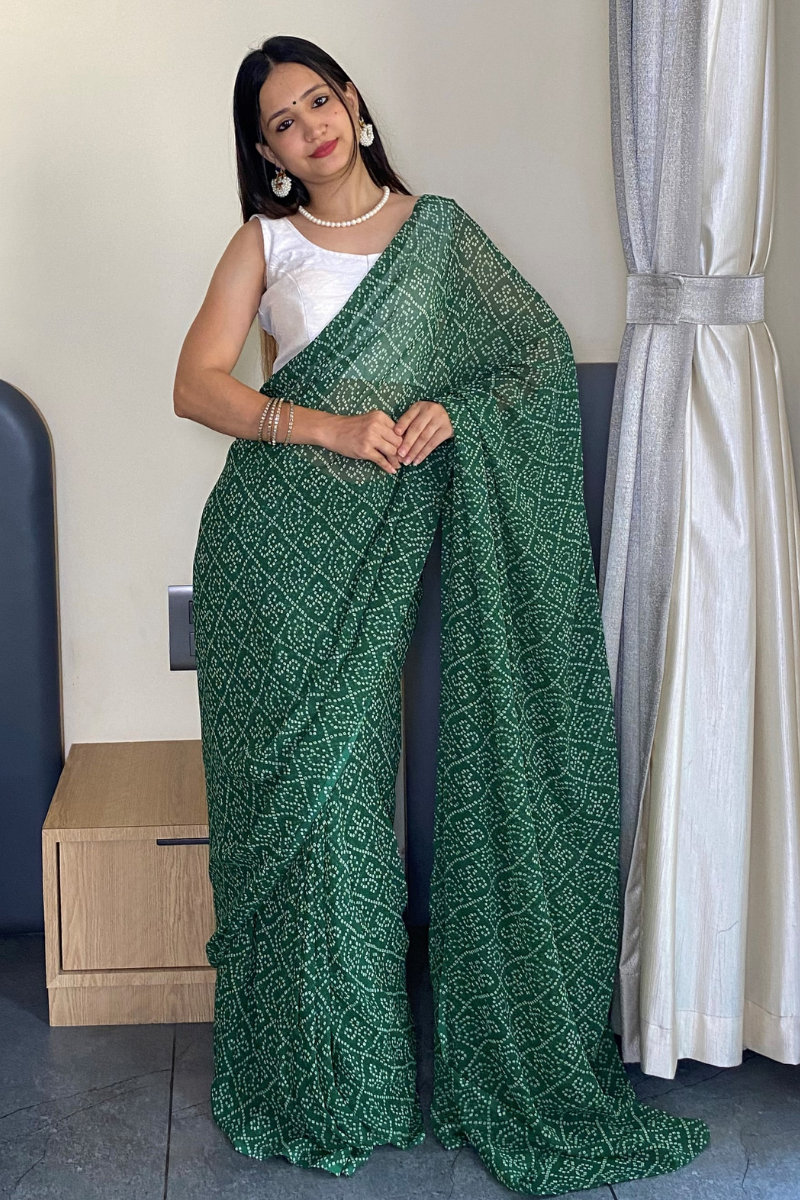 1 Min Ready to Wear Beautiful Bandhani Print Green Saree