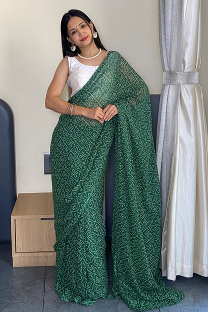 1 Min Ready to Wear Beautiful Bandhani Print Green Saree
