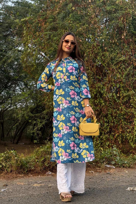 Blue With Floral Print Kurti