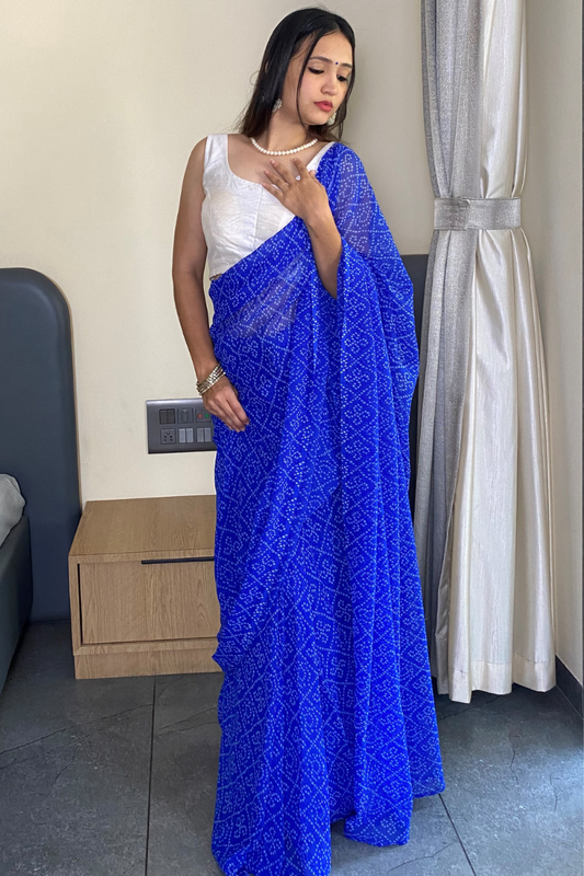 1 Min Ready to Wear Beautiful Bandhani Print Blue Saree