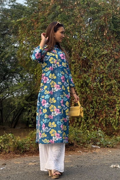 Blue With Floral Print Kurti