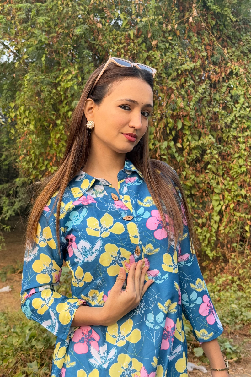 Blue With Floral Print Kurti