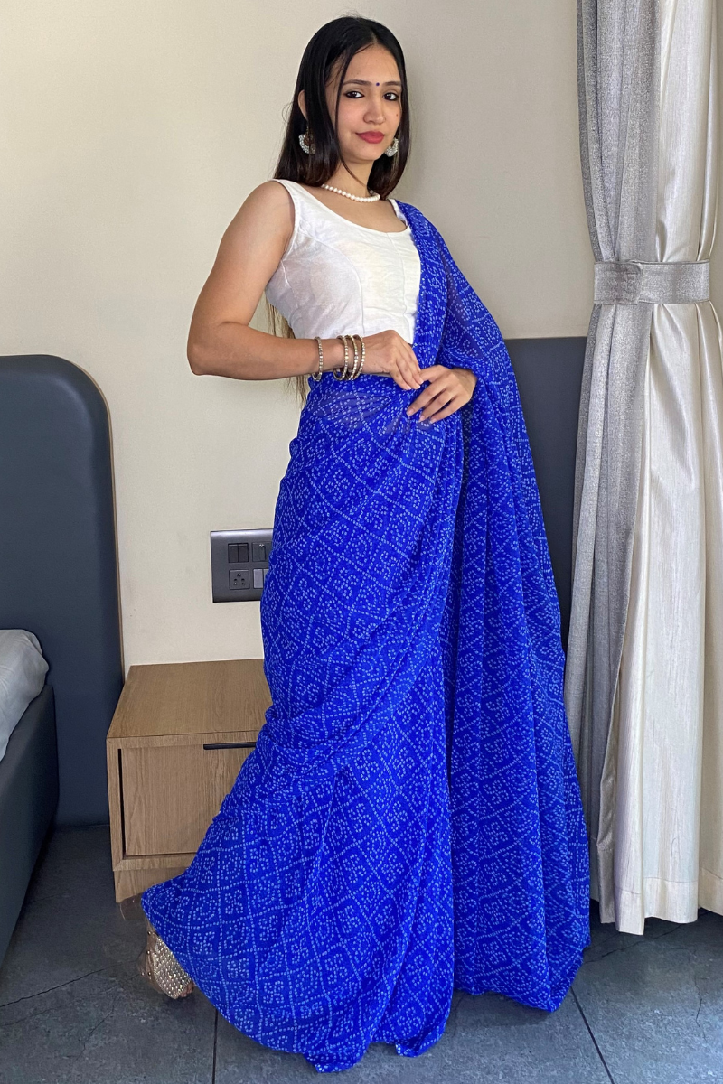 1 Min Ready to Wear Beautiful Bandhani Print Blue Saree