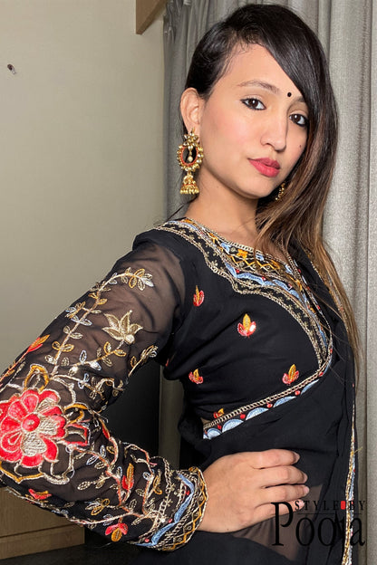 Heavy Blouse Work Stylish Black Party Wear Saree